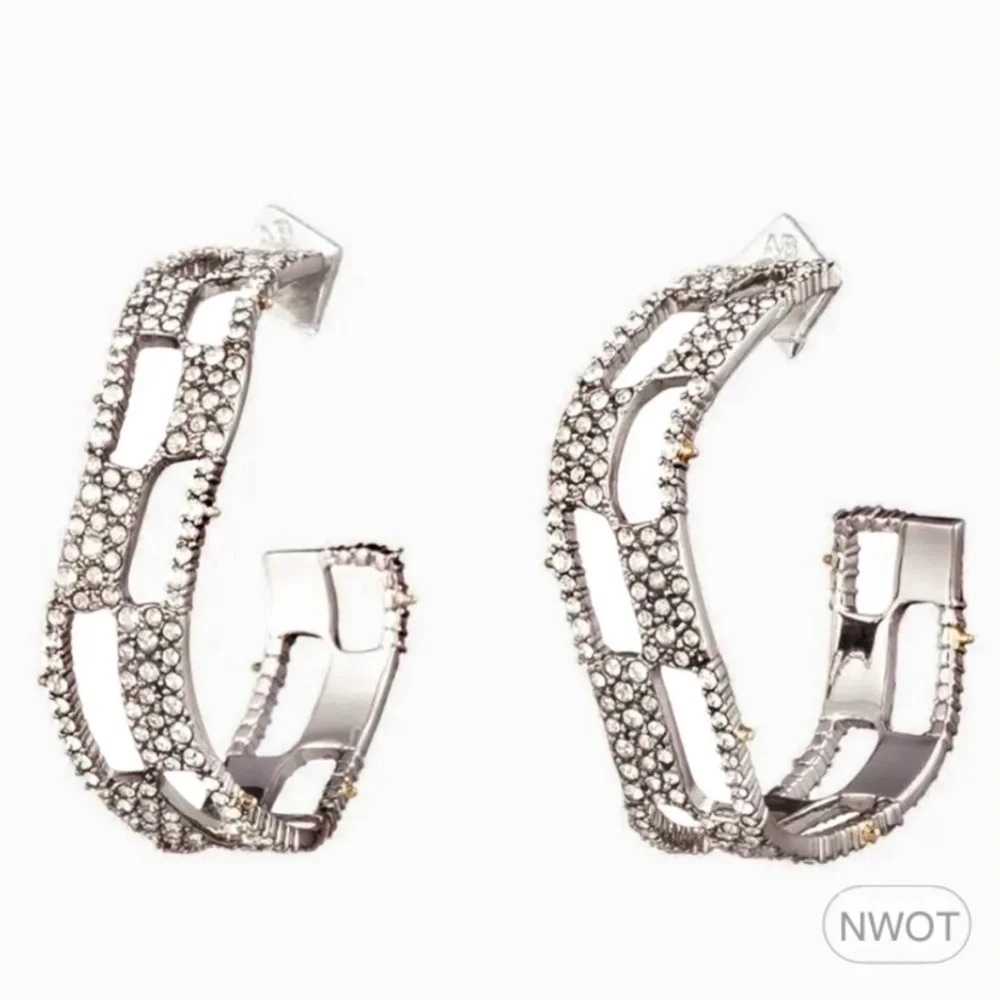 ALEXIS BITTAR • Silver Crystal Georgian Checkerboard Wavy Hoop Earrings